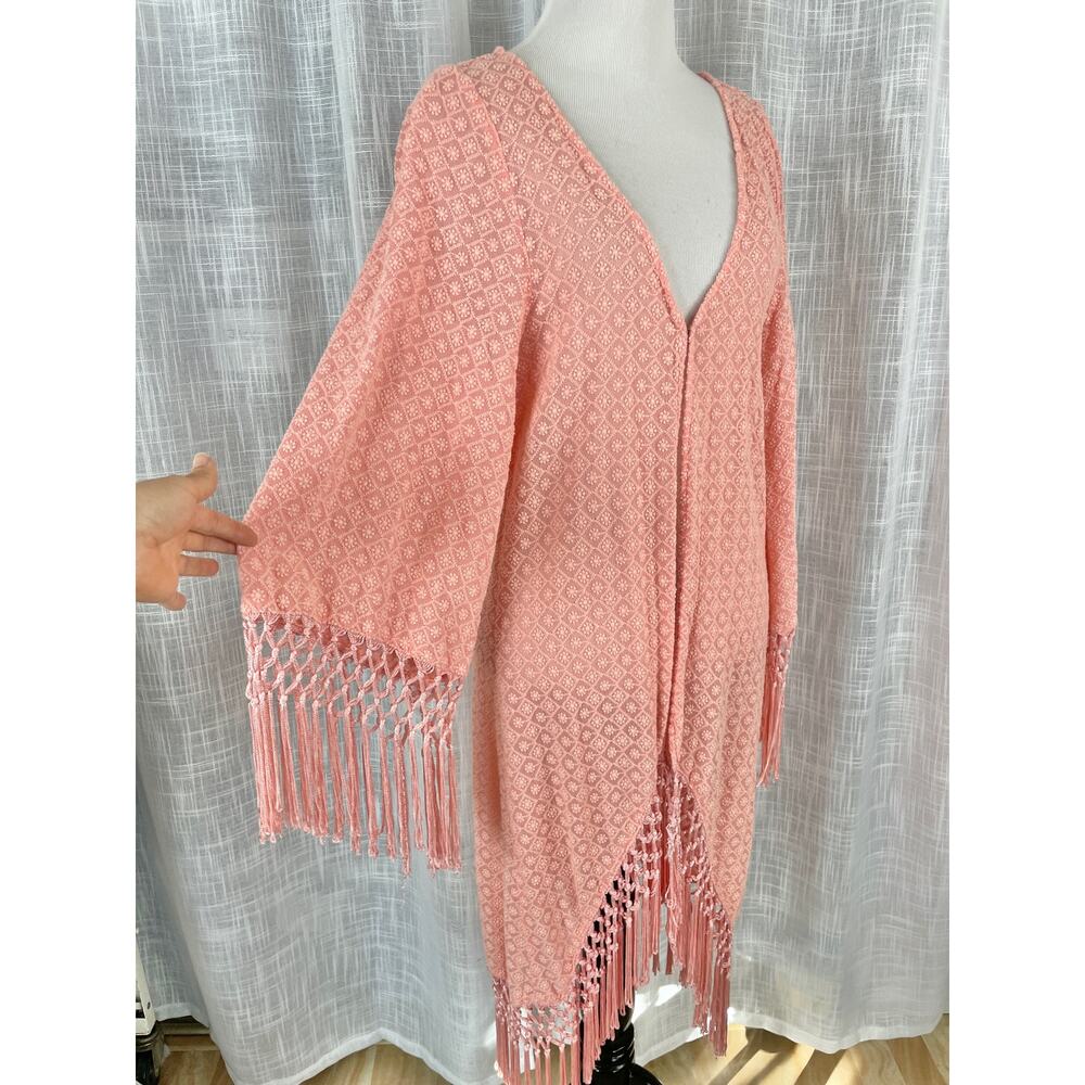 PilyQ Womens Swim Coverup Cardigan M/L Pink Fringe Tassel Crochet Boho Beach